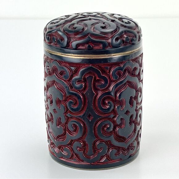 Antique Chinese Hand Carved Cinnabar Canister Jar Box Black and Red Blue Inside - Picture 3 of 14